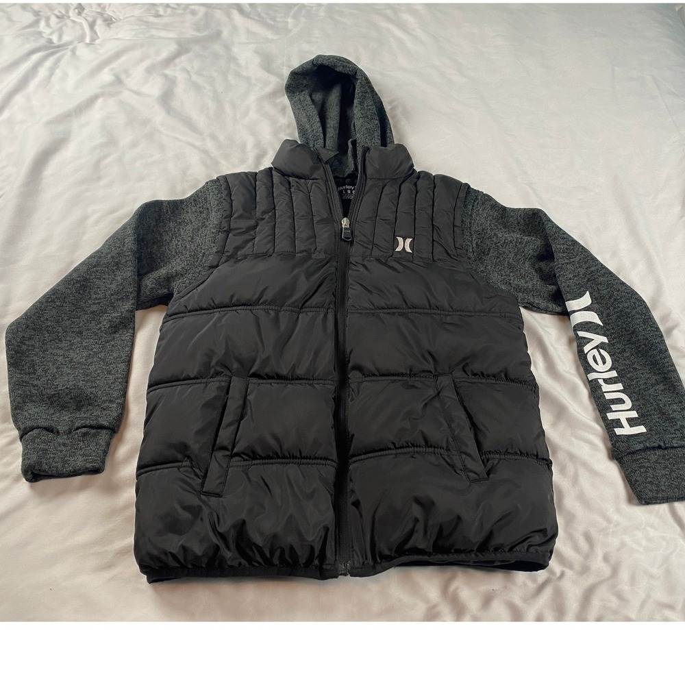 Hurley Hybrid Puffer Jacket Boys Large 12-13 Black Gray Excellent‎ Hooded Zip